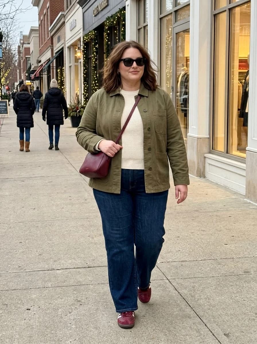 Olive Utility Jacket with a Cream Knit and Wide-Leg Jeans