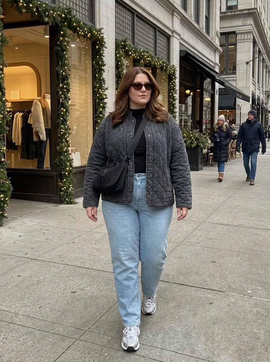 Quilted Jacket with a Black Top and Light-Wash Jeans
