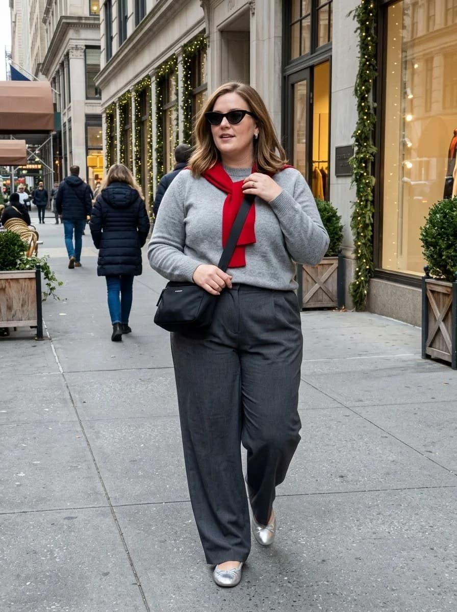Gray Sweater with Wide-Leg Trousers and a Red Shoulder Layer