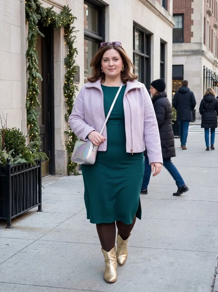 Emerald Midi Dress with a Lilac Jacket