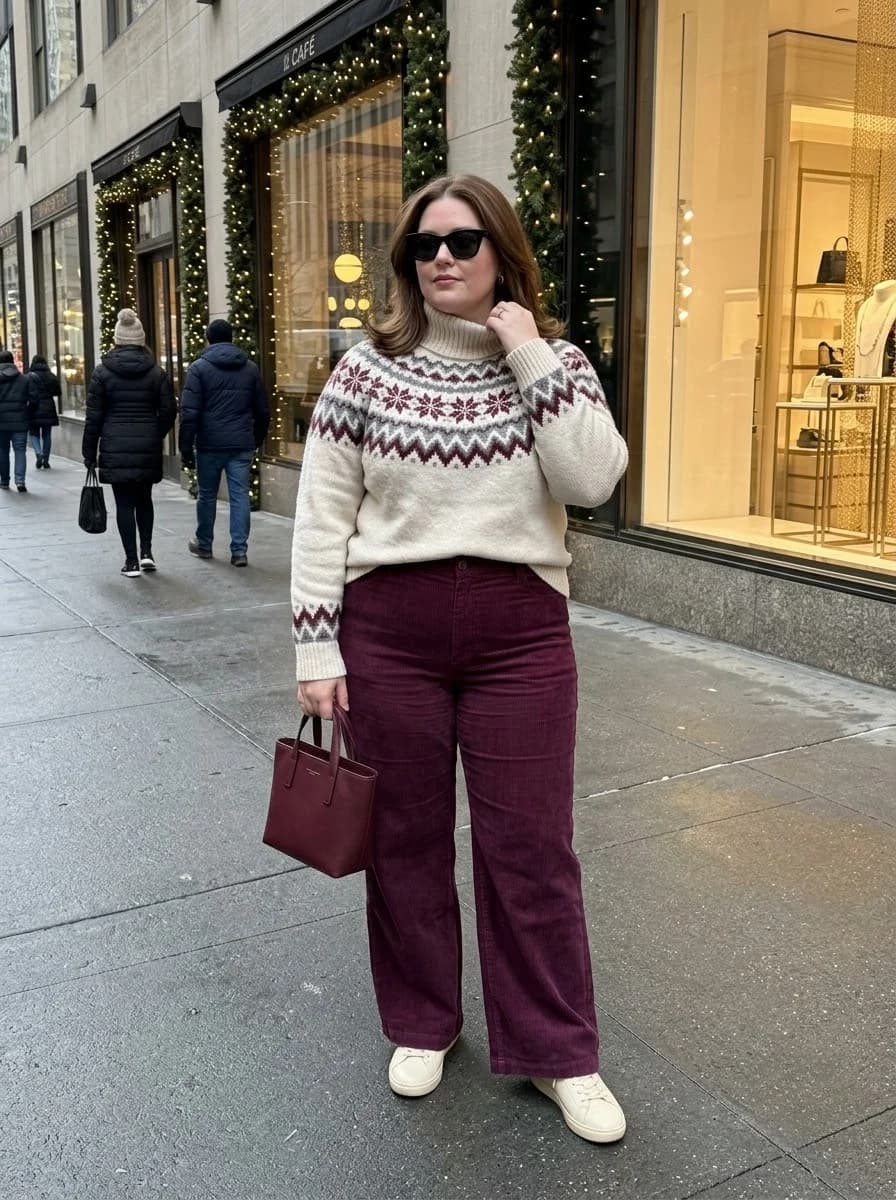 Fair Isle Turtleneck with Burgundy Wide-Leg Pants