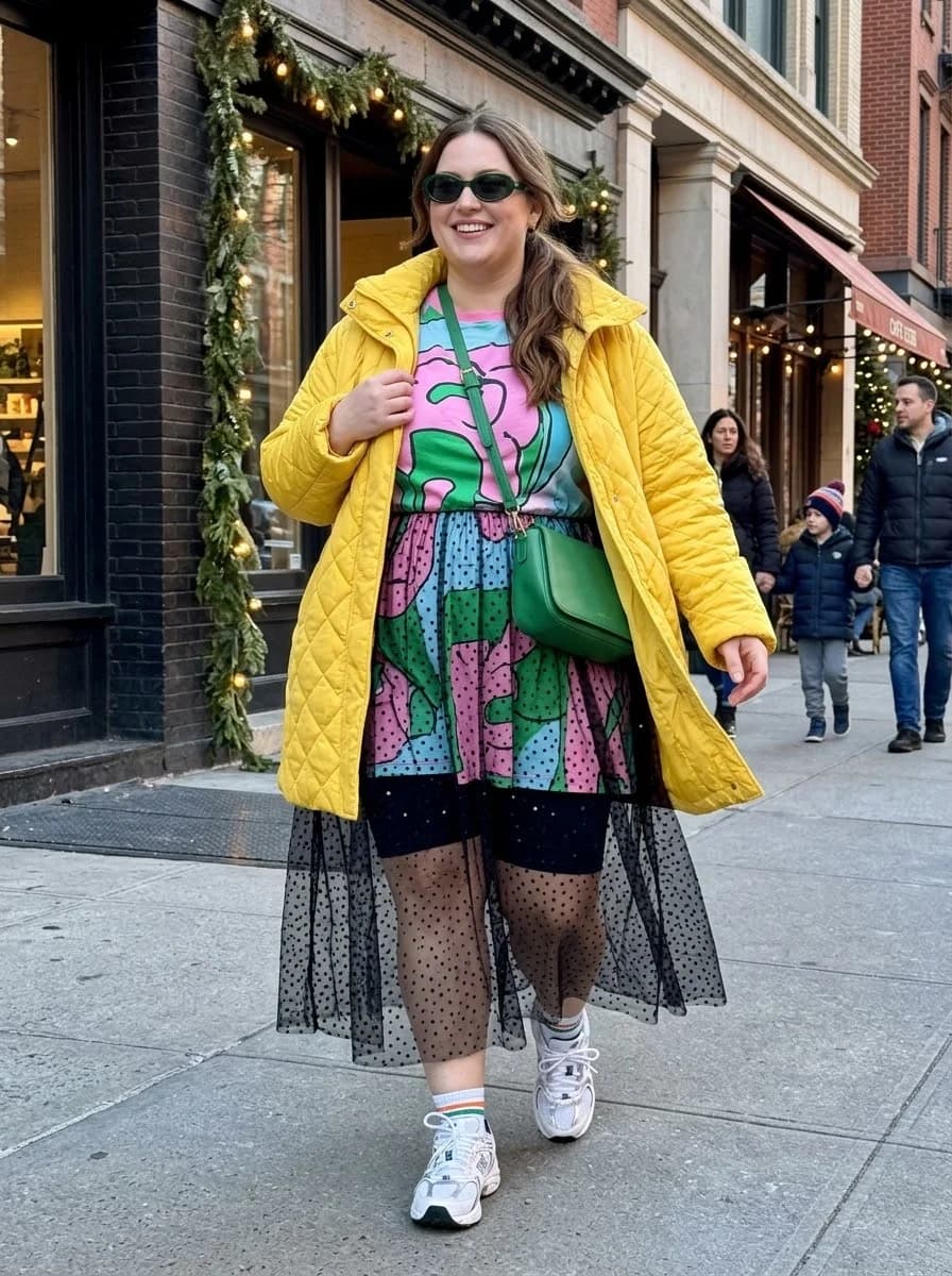 Yellow Quilted Coat with a Bold Printed Dress