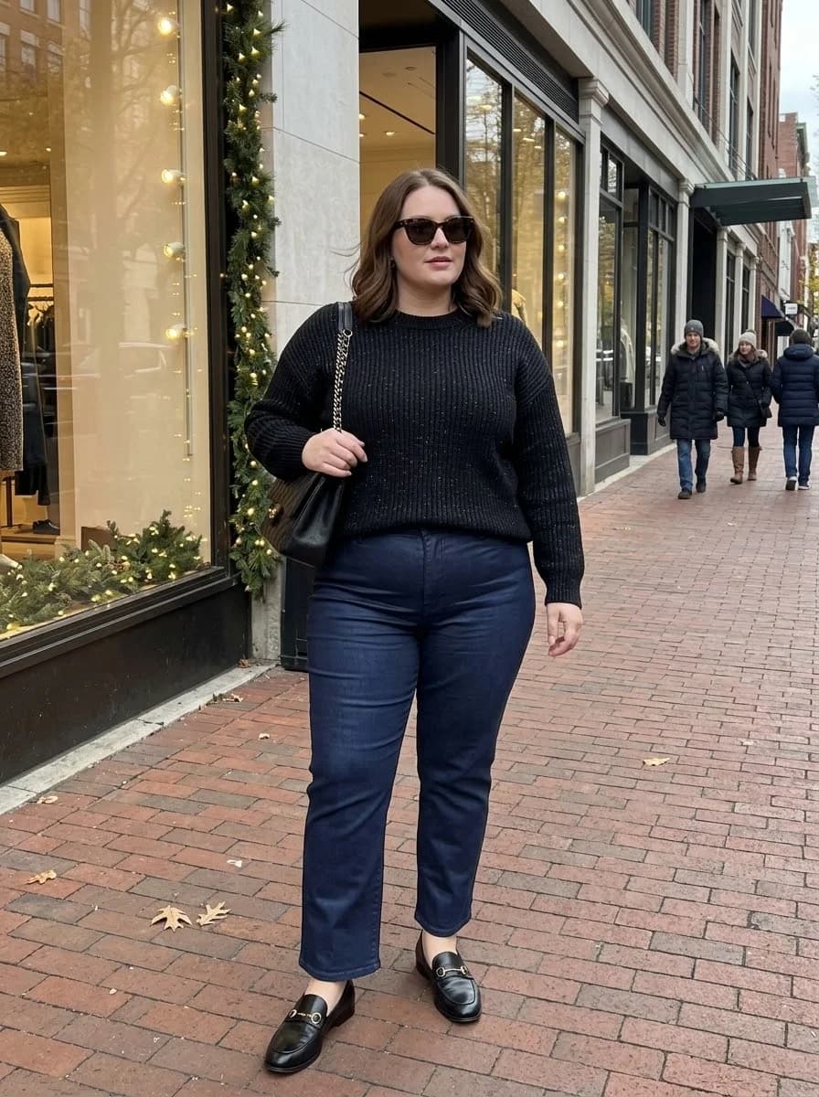 Black Knit Sweater with Dark Straight-Leg Jeans
