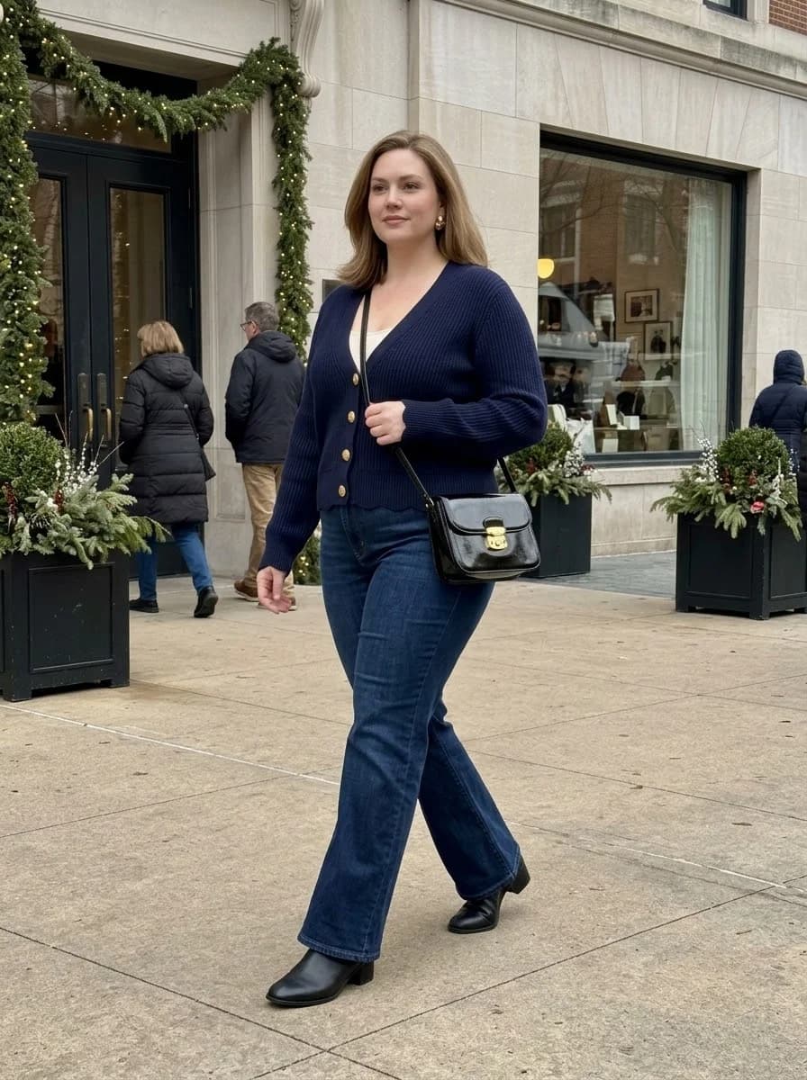 Navy Cardigan with Dark Jeans and Black Ankle Boots