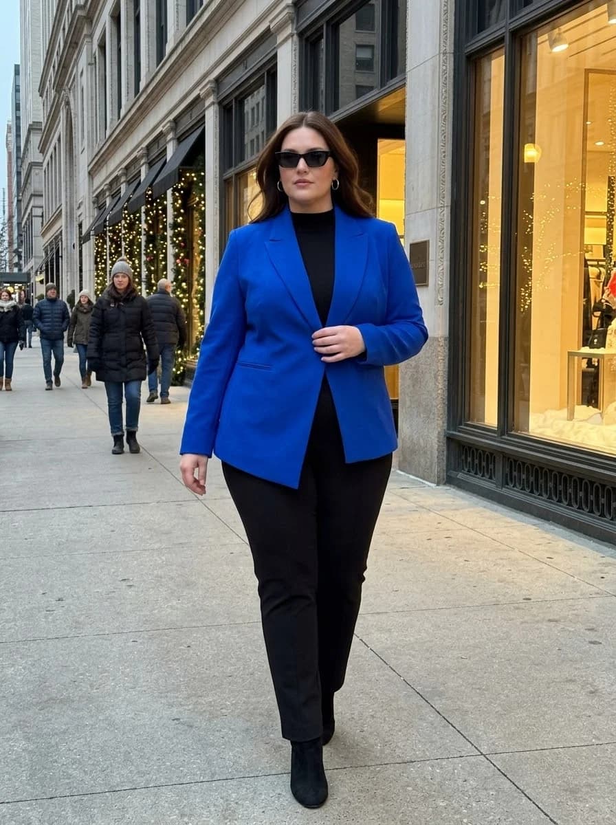 Cobalt Blue Blazer with a Black Turtleneck and Trousers