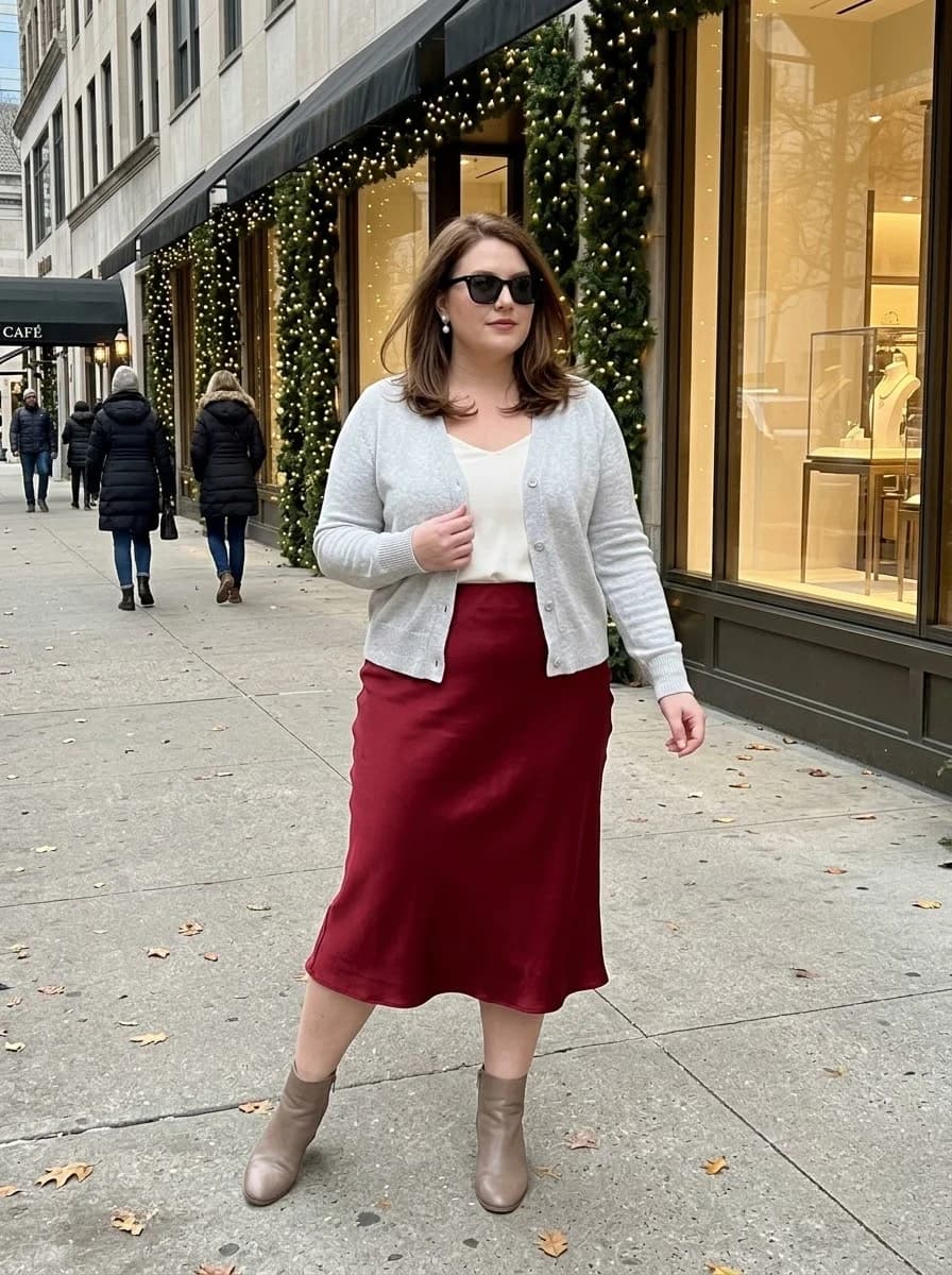 Gray Cardigan with a Burgundy Satin Midi Skirt