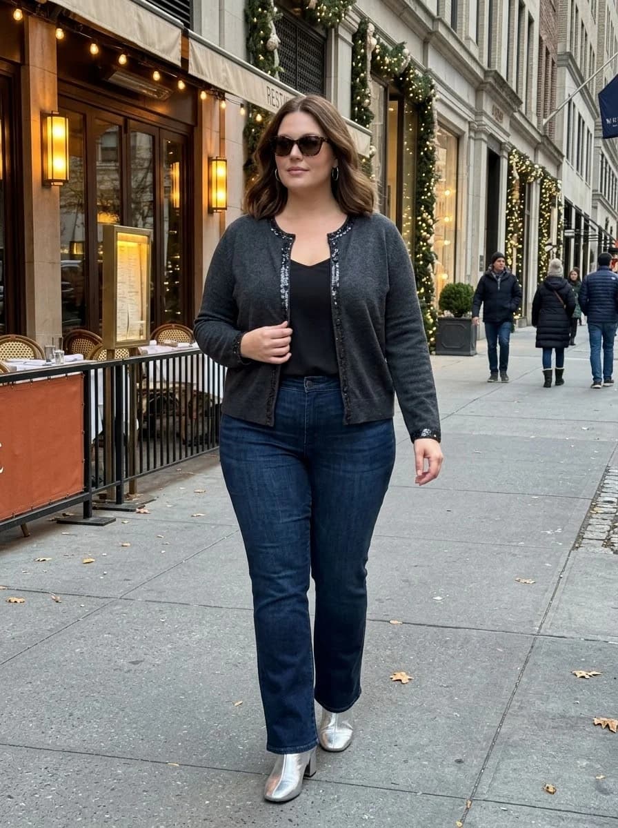 Embellished Cardigan with Dark Jeans and Metallic Boots