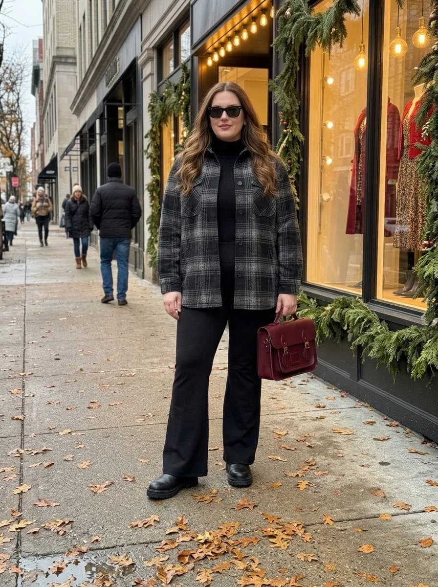 Plaid Shirt Jacket with a Black Turtleneck and Flared Trousers