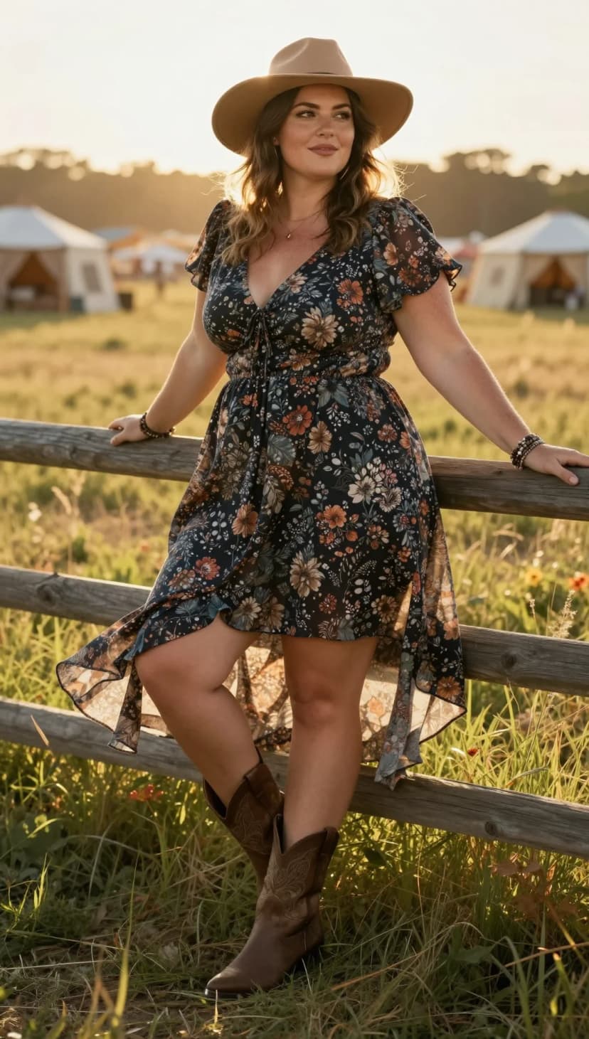 Navy Floral Chiffon High-Low Dress + Brown Leather Cowboy Boots + Tan Felt Wide-Brim Hat