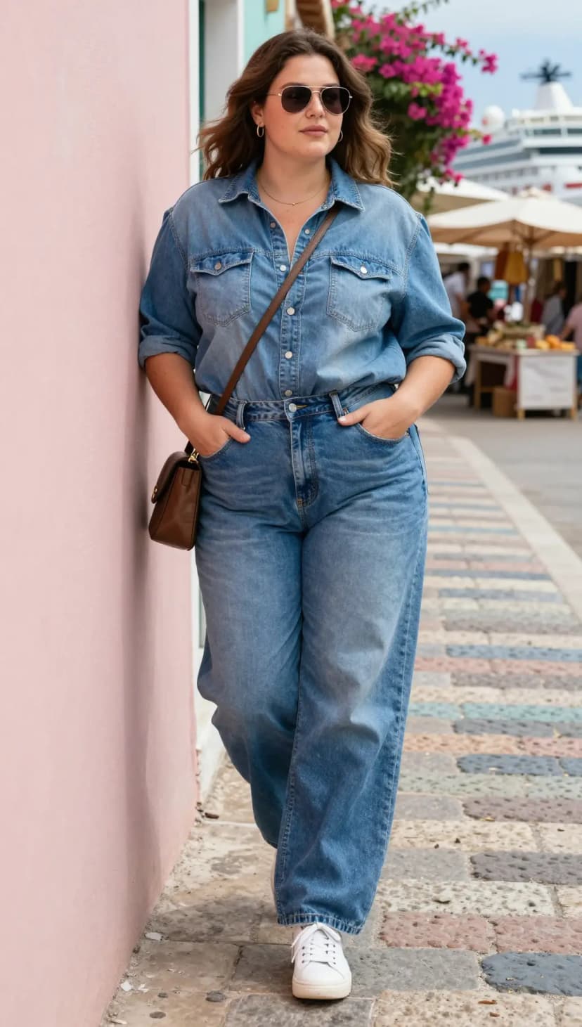 Blue Denim Shirt + Blue Denim Wide Leg Jeans + White Leather Sneakers