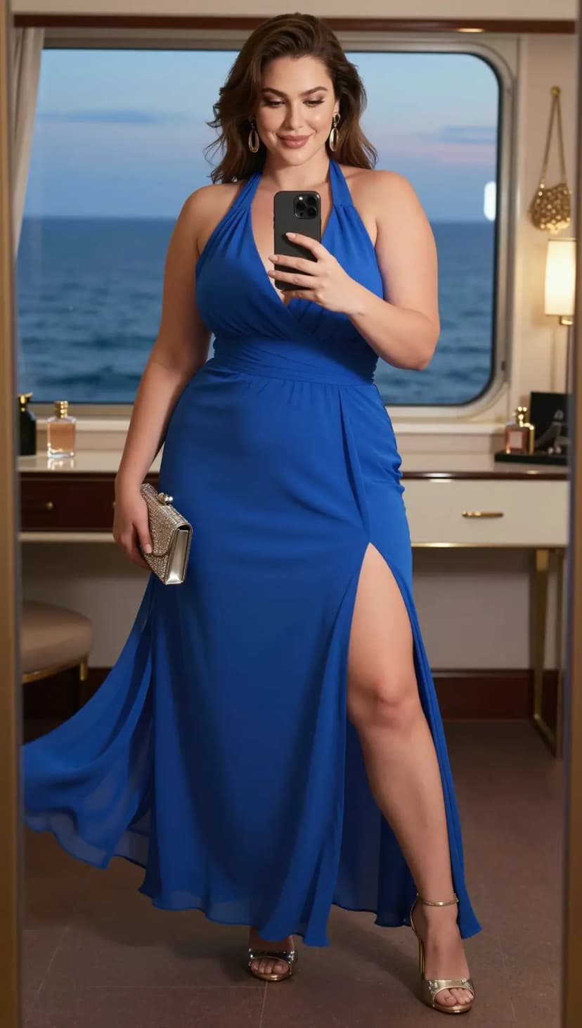 Royal Blue Chiffon Halter Dress + Gold Strappy Heels + Silver Beaded Clutch