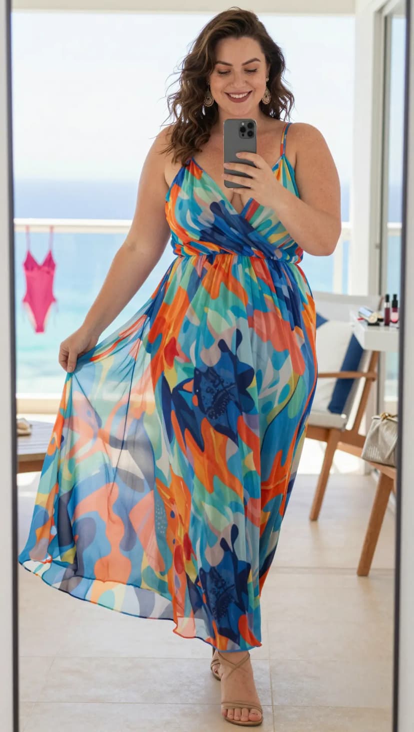 Blue Abstract Print Chiffon Maxi Dress + Tan Strappy Sandals