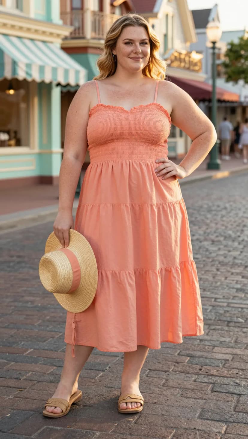 Coral Smocked Tiered Midi Dress + Straw Boater Hat + Tan Slide Sandals
