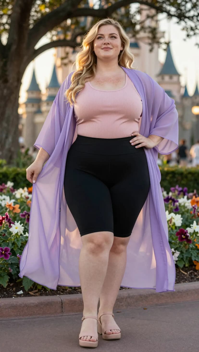 Pink Ribbed Tank Top + Black Cotton Bike Shorts + Lavender Chiffon Duster