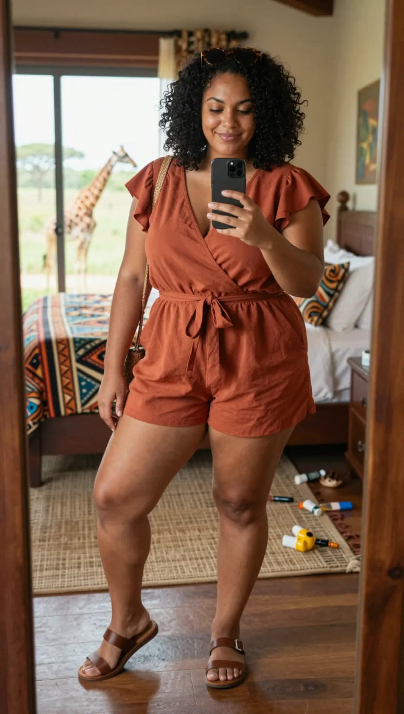 Rust Linen Wrap Romper + Brown Leather Flat Sandals