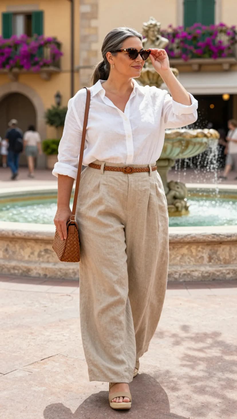 White Linen Button-Up Shirt + Beige Linen Wide-Leg Pants