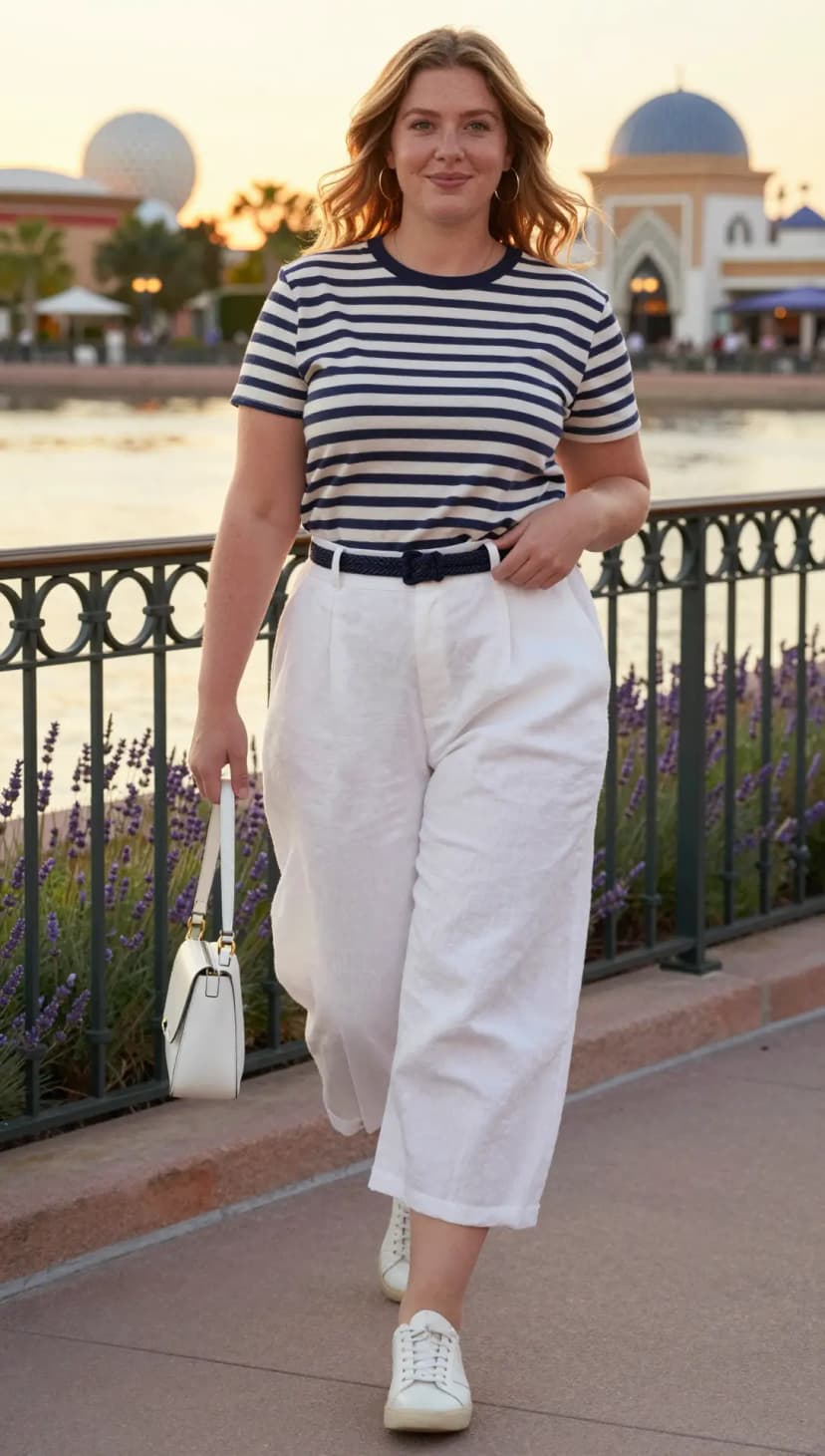 Navy Striped Cotton T-Shirt + White Linen Wide-Leg Cropped Pants