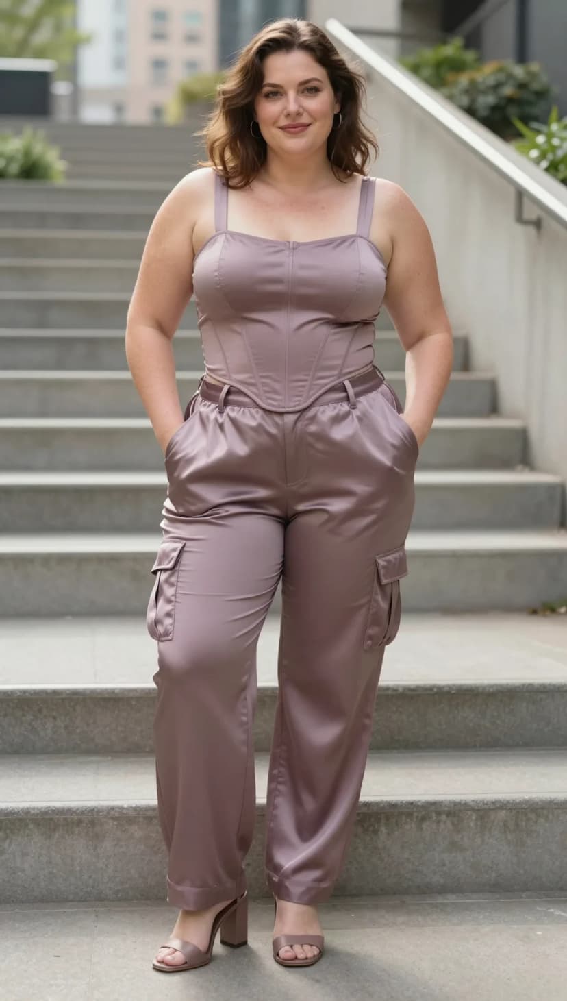 Taupe Satin Corset Top + Taupe Satin Cargo Pants + Taupe Block Heel Sandals