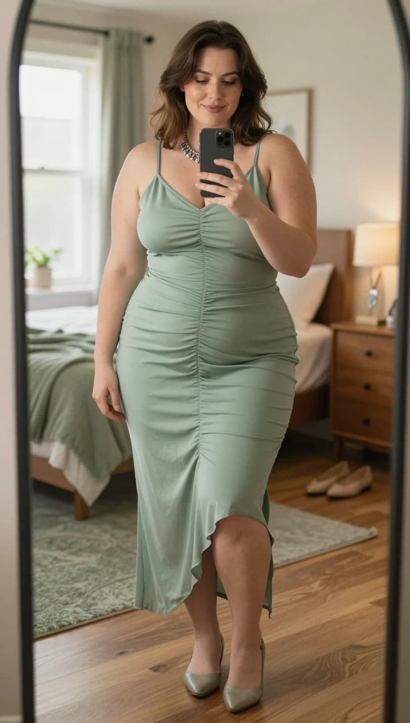 Sage Ruched Jersey Midi Dress + Silver Pointed Toe Heels