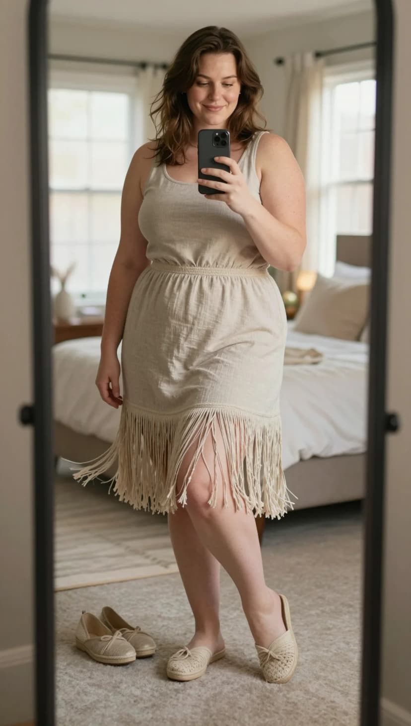 Cream Linen Tank Dress + Cream Woven Mules