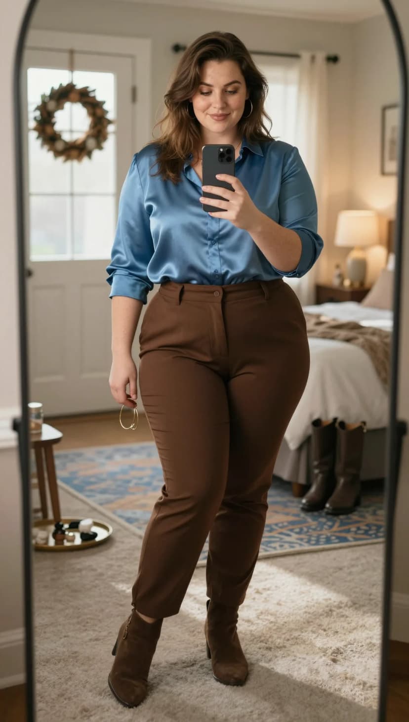 Blue Satin Button-Up Shirt + Brown High-Waisted Trousers + Brown Suede Ankle Boots