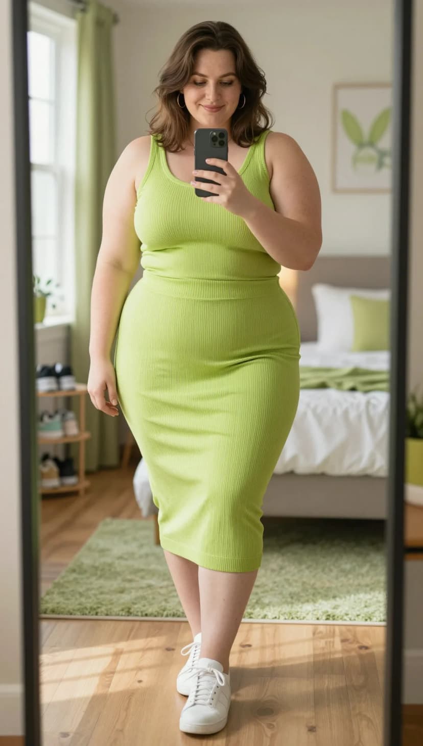 Lime Ribbed Knit Tank Top + Lime Ribbed Knit Midi Skirt + White Leather Sneakers