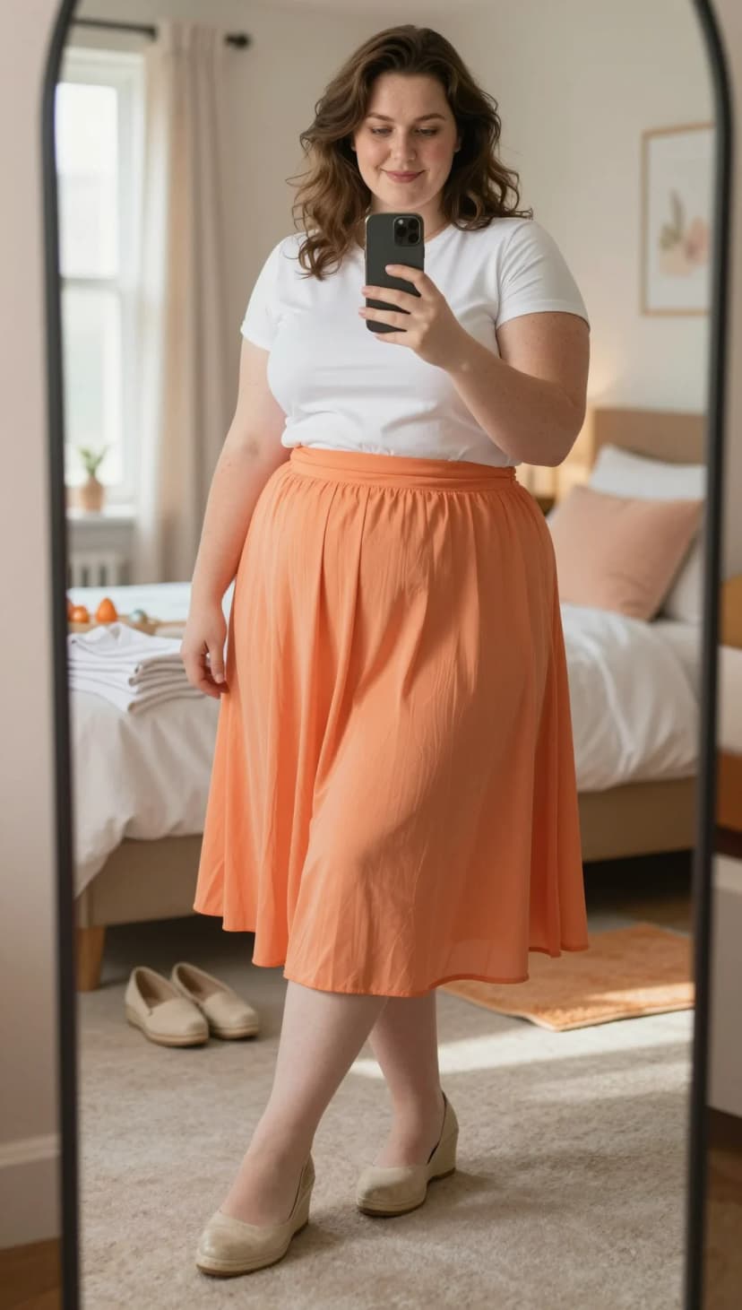 White Cotton T-Shirt + Orange Chiffon Midi Skirt + Beige Wedge Espadrilles
