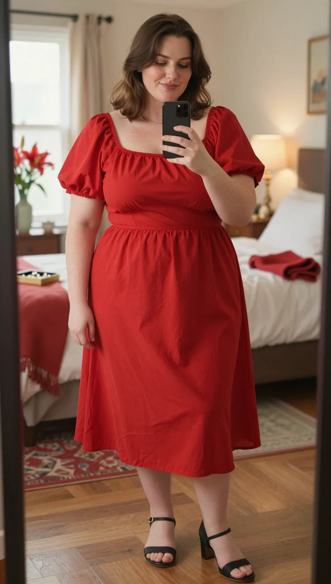 Red Cotton Puff Sleeve Midi Dress + Black Block Heel Sandals