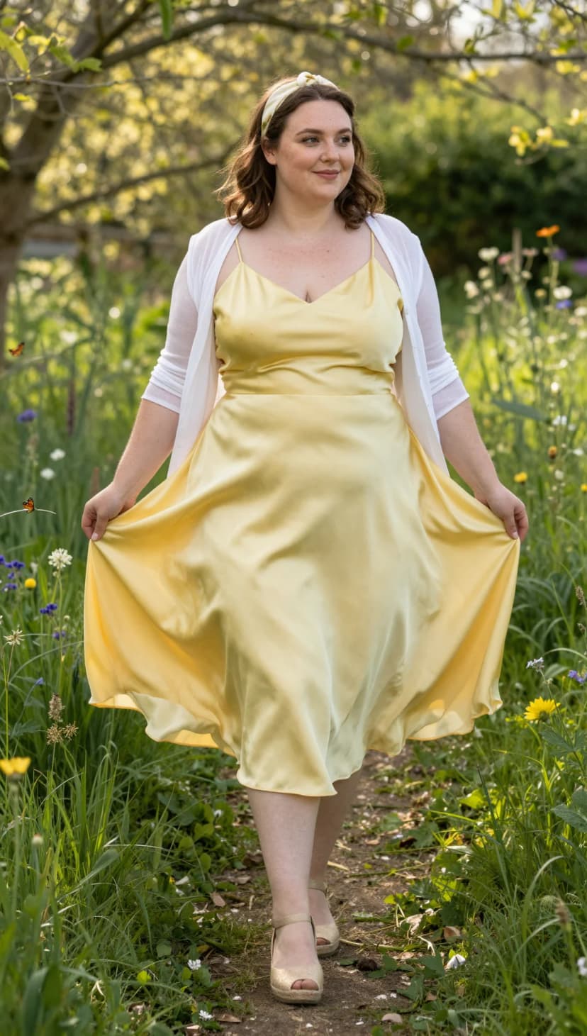 Yellow Satin Slip Dress + White Sheer Cardigan + Gold Espadrille Wedges