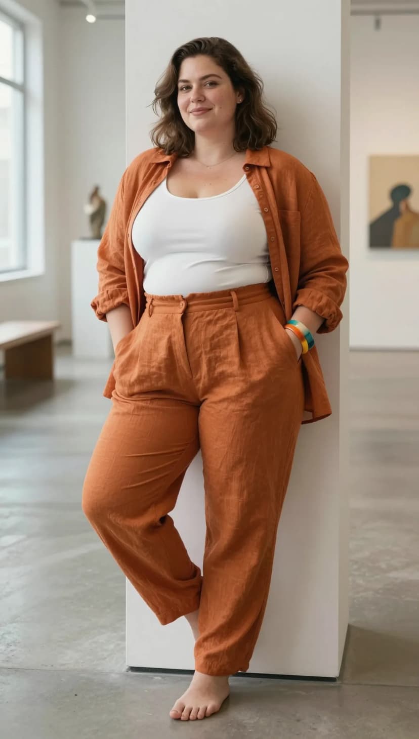 Orange Linen Button-Down Shirt + White Ribbed Tank Top + Orange Linen Wide-Leg Pants