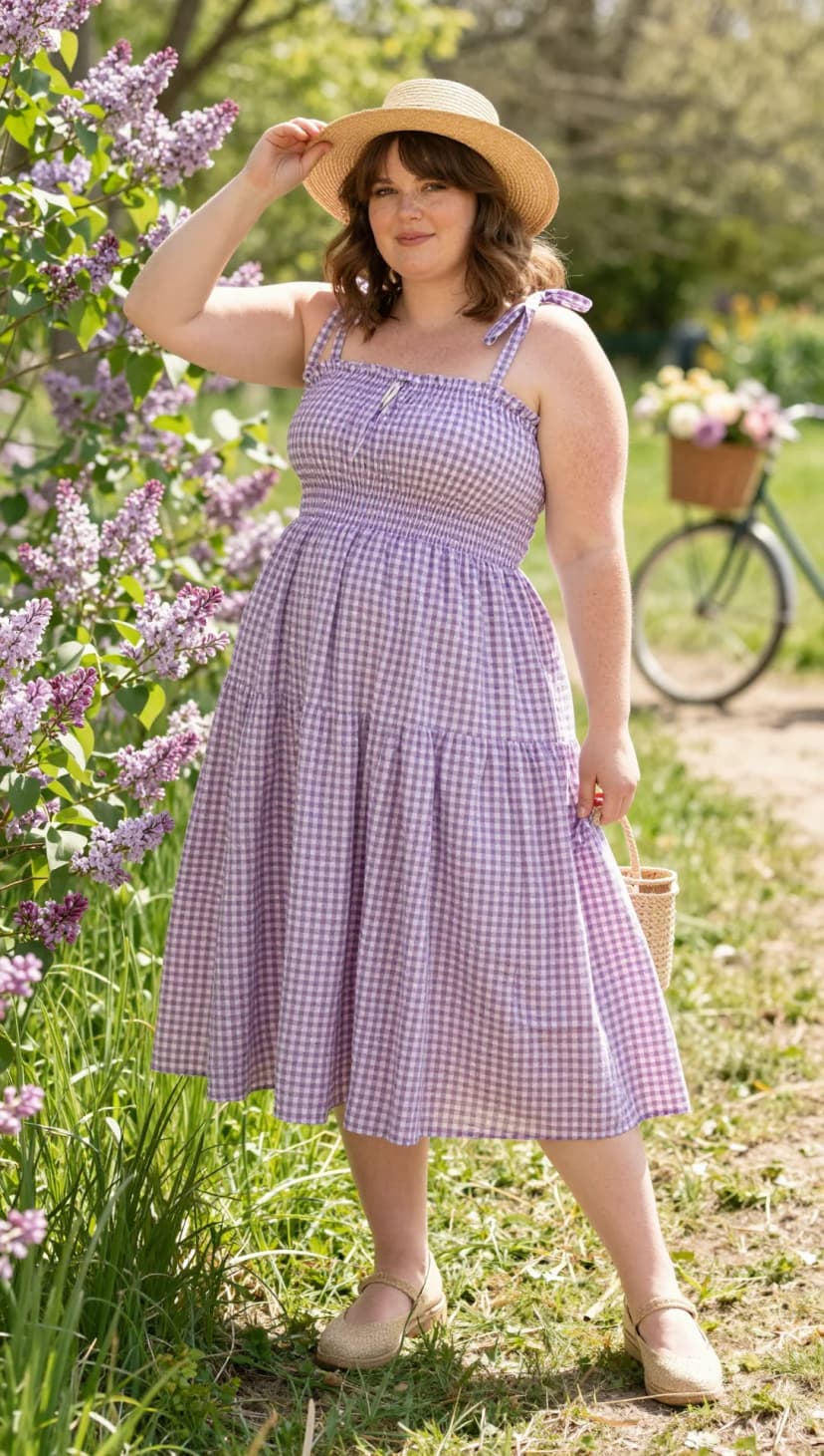 Purple Gingham Cotton Sundress + Straw Boater Hat + Natural Woven Espadrille Flats