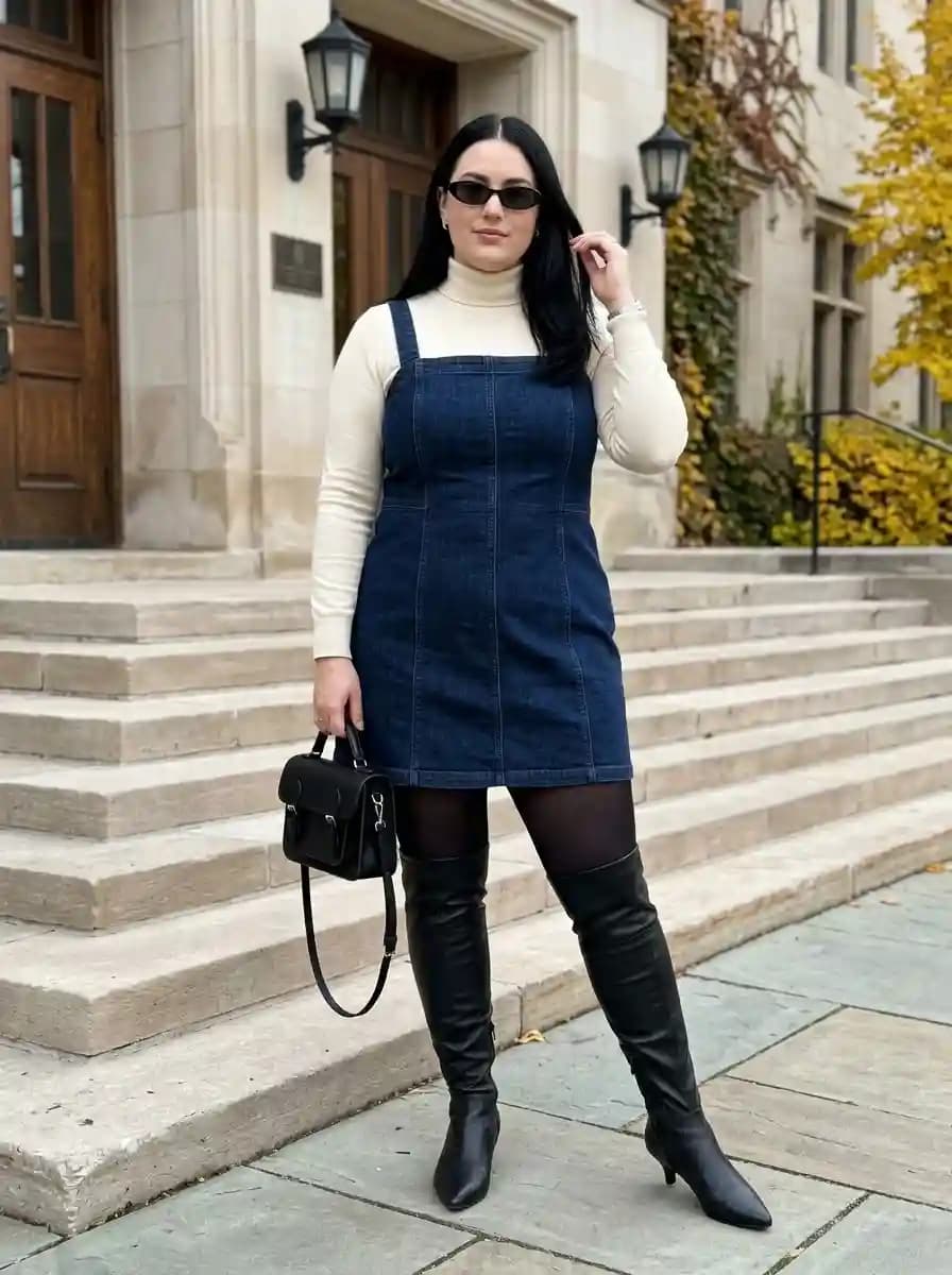 Cream Turtleneck with Dark Denim Pinafore Dress and Black Over-the-Knee Boots
