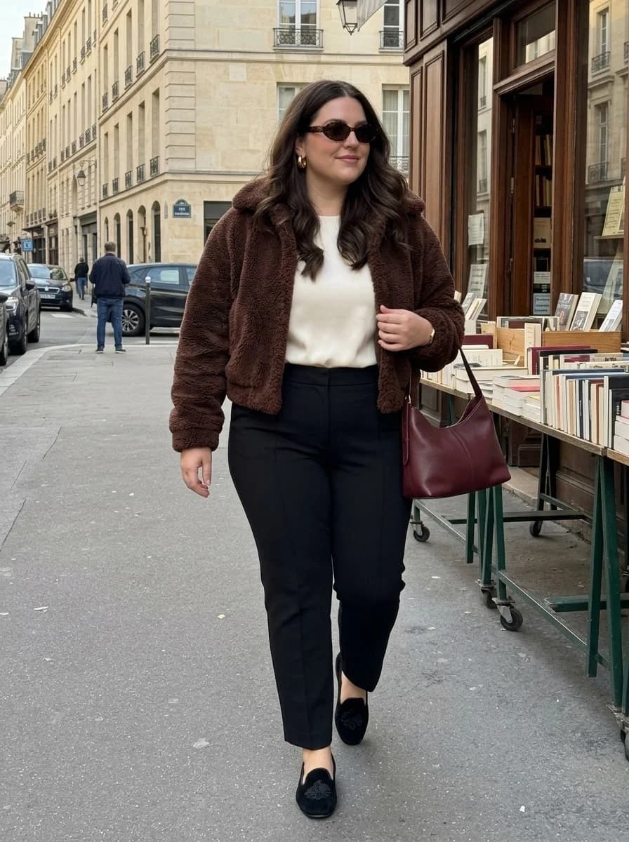 Chocolate Teddy Jacket with Tailored Black Trousers