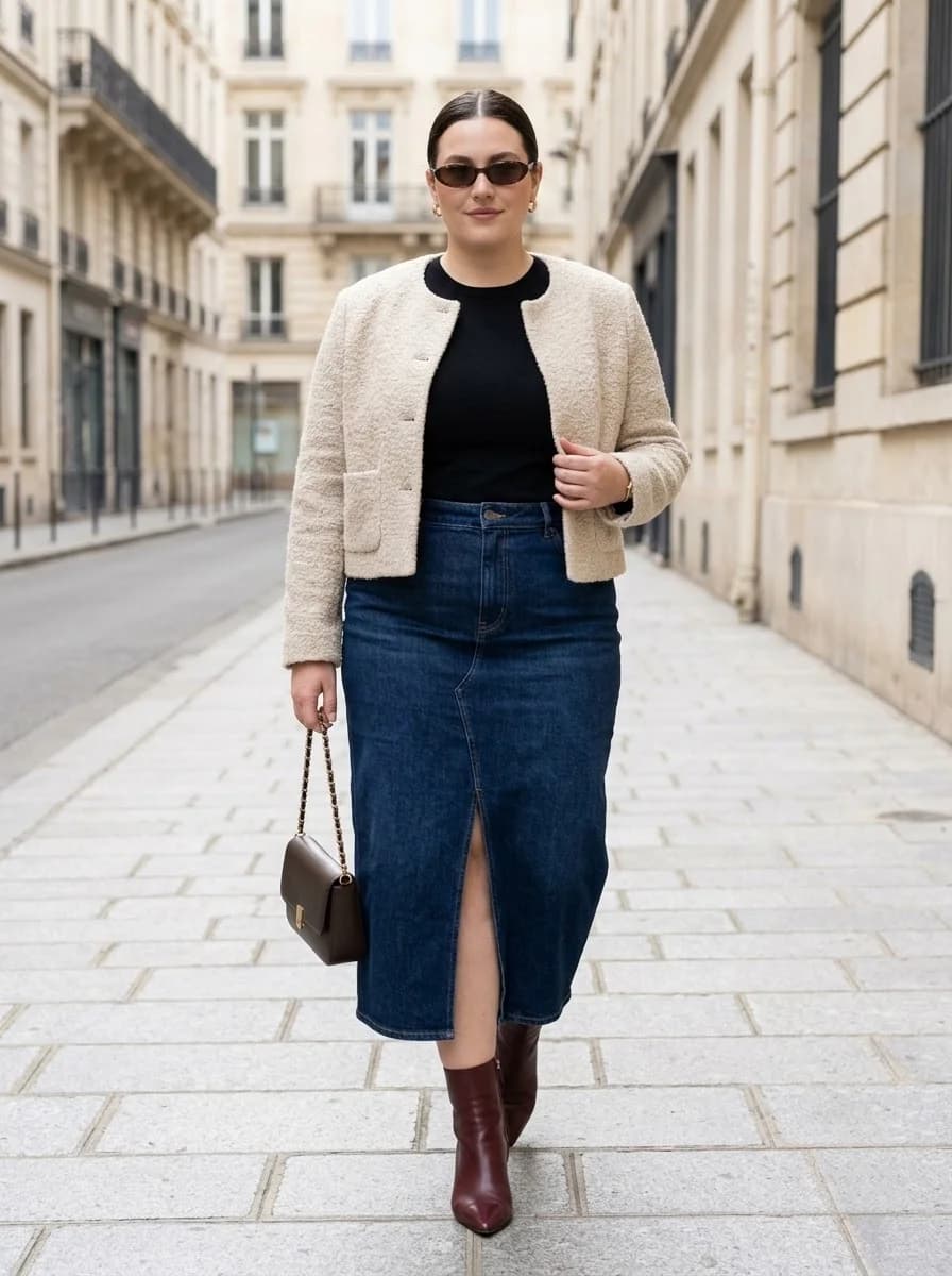 Bouclé Jacket & Denim Pencil Midi