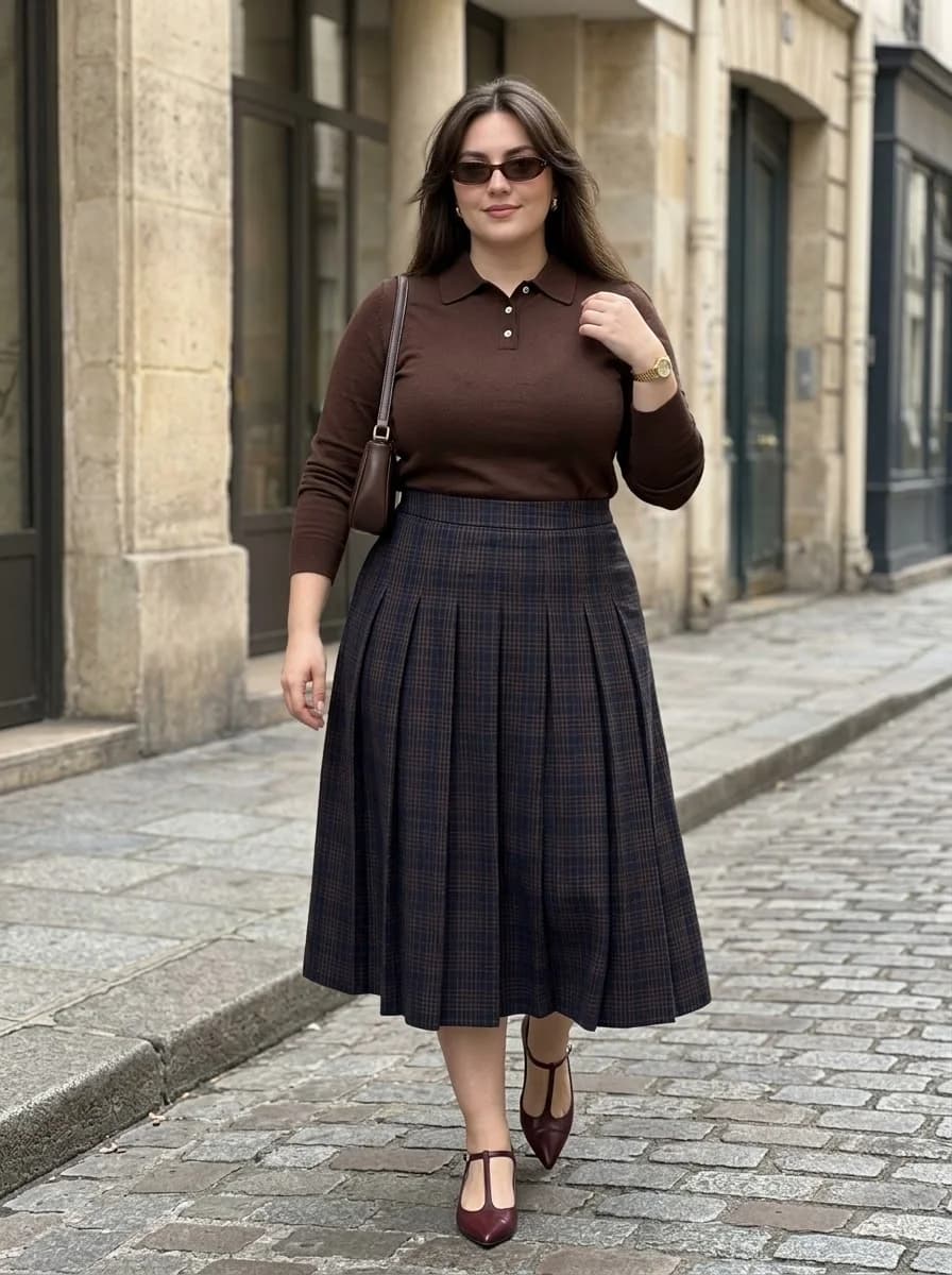 Chocolate Polo Knit & Plaid Pleated Midi