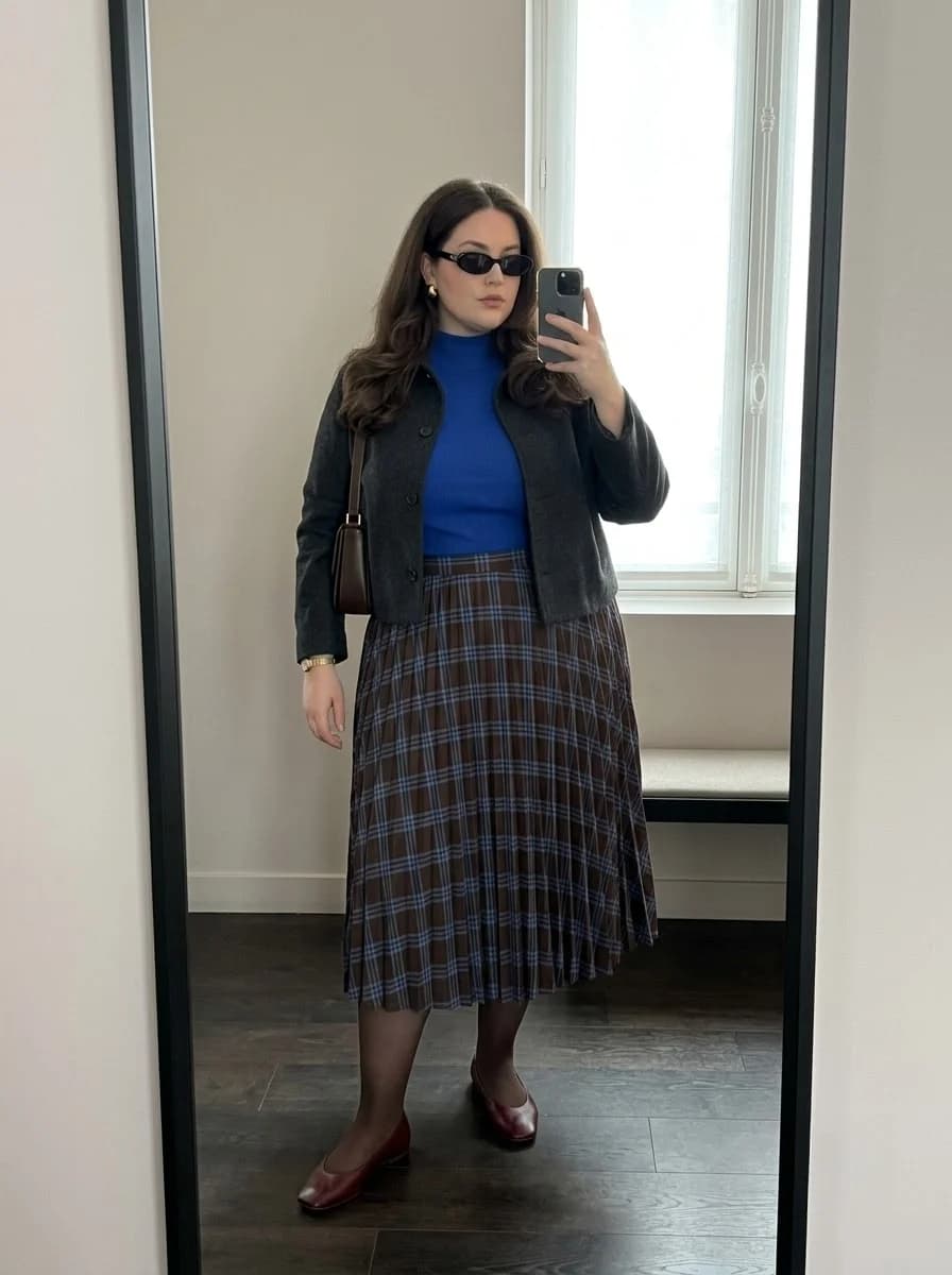 Cobalt Knit with a Moody Plaid Midi Skirt