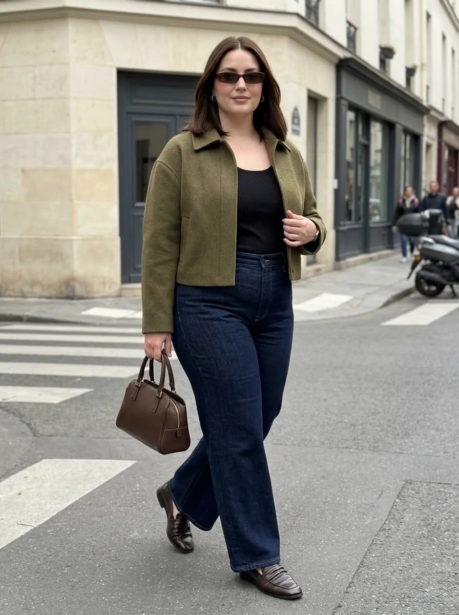 Olive Cropped Jacket with Dark-Wash Wide-Leg Jeans