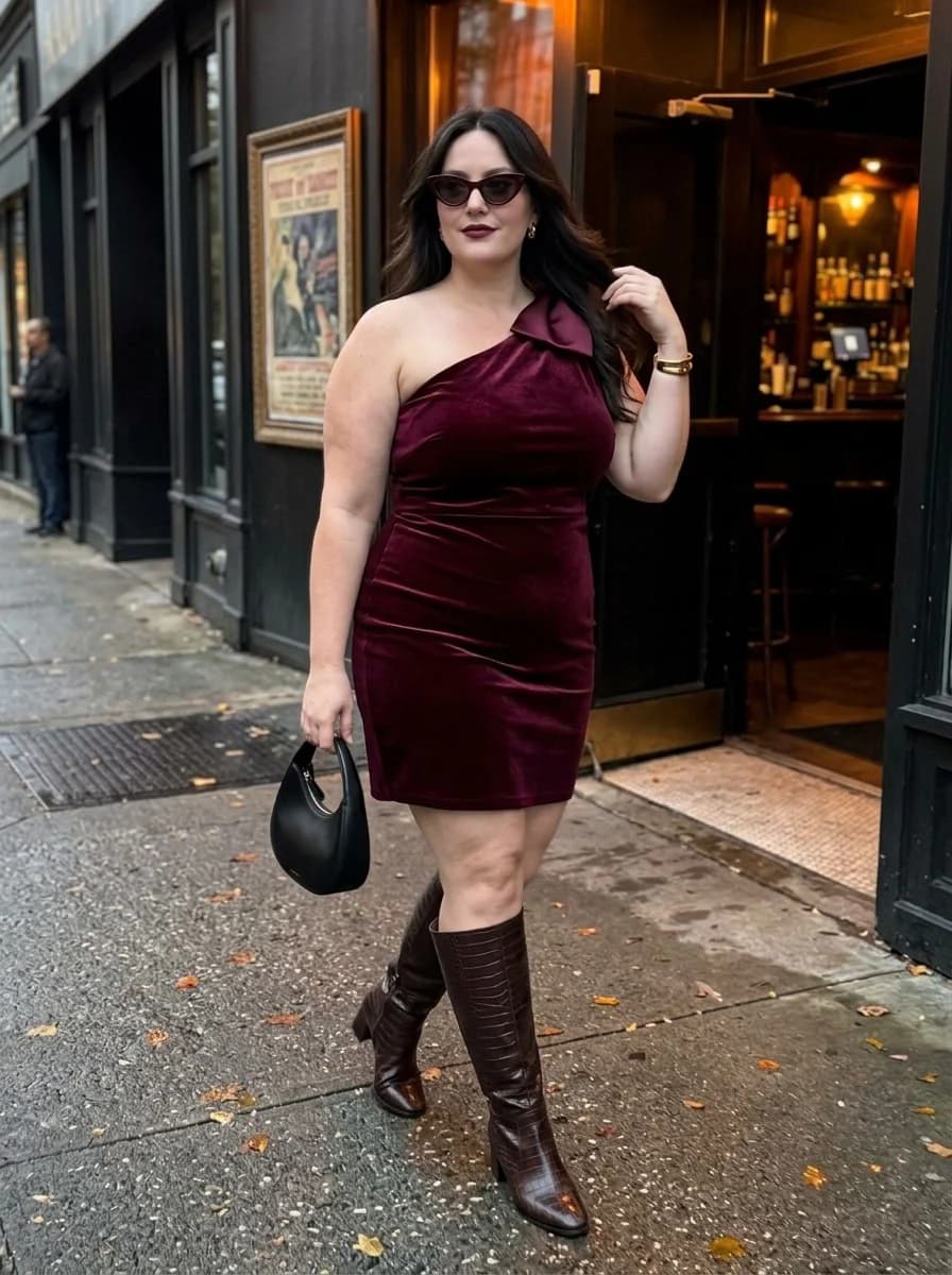 Burgundy One-Shoulder Velvet Mini Dress
