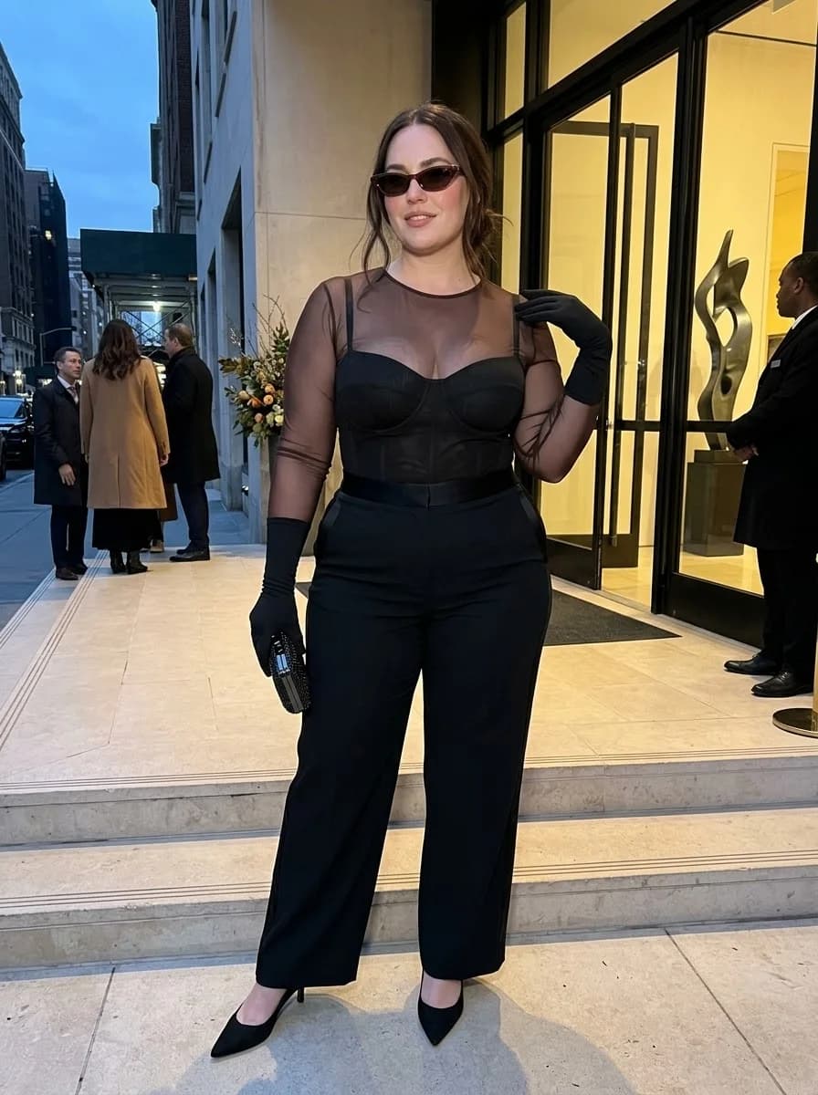 Black Sheer Bodice Top with Wide-Leg Trousers