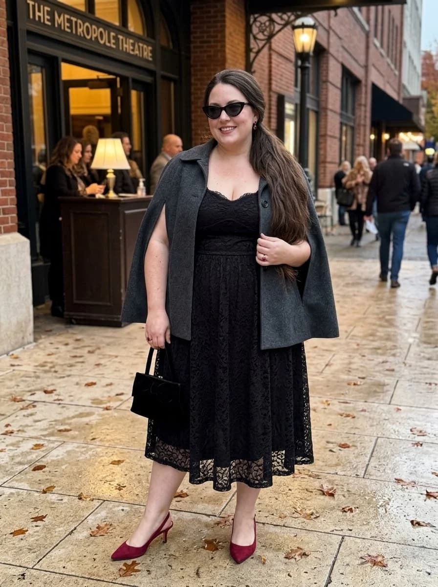 Black Lace Midi Dress with a Gray Cape Coat