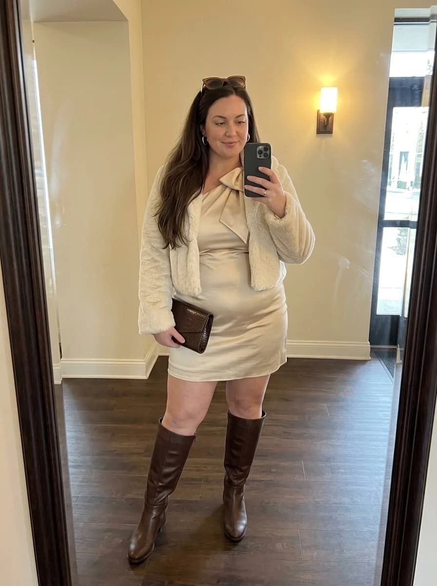 Champagne Satin Mini Dress with a Cream Faux-Fur Jacket