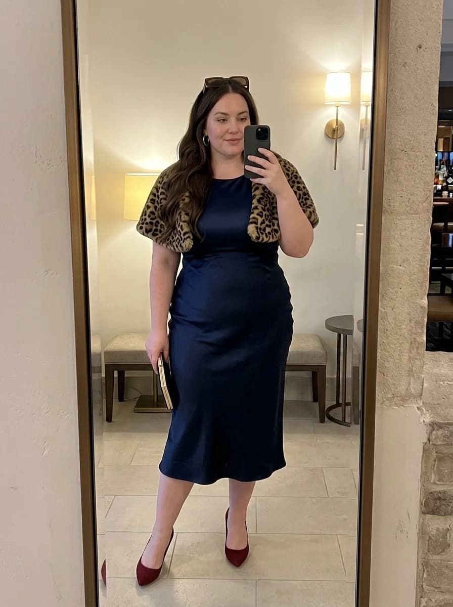 Navy Satin Midi Dress with a Leopard Faux-Fur Shrug