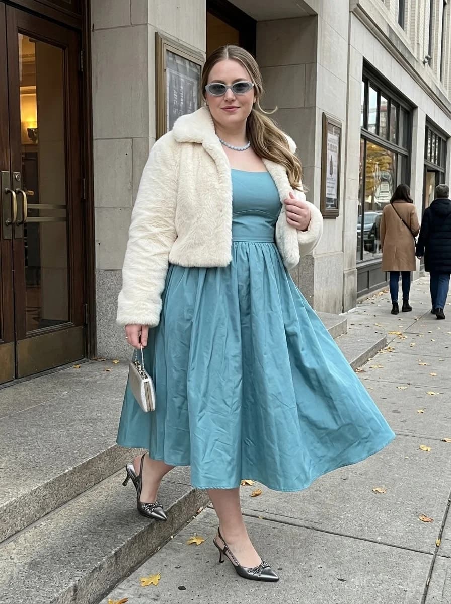 Powder Blue Fit-and-Flare Midi Dress with a Cream Faux-Fur Jacket