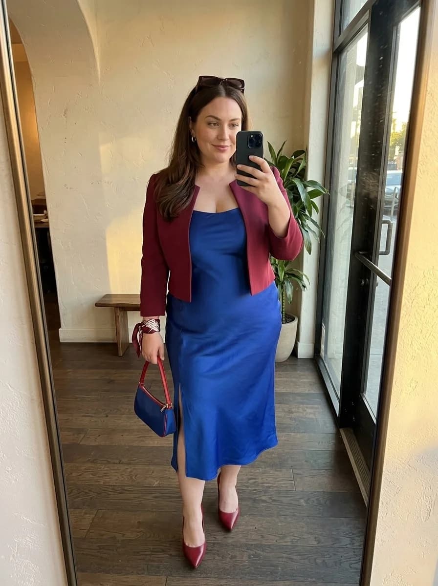 Royal Blue Satin Dress with a Burgundy Cropped Blazer
