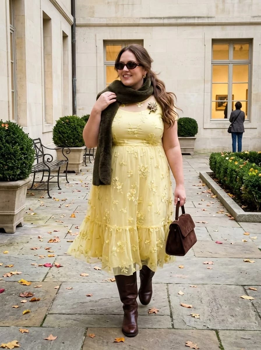 Soft Yellow Embroidered Midi Dress with a Dark Wrap Scarf