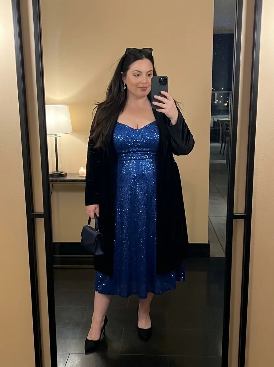 Blue Sequin Midi Dress with a Black Velvet Layer
