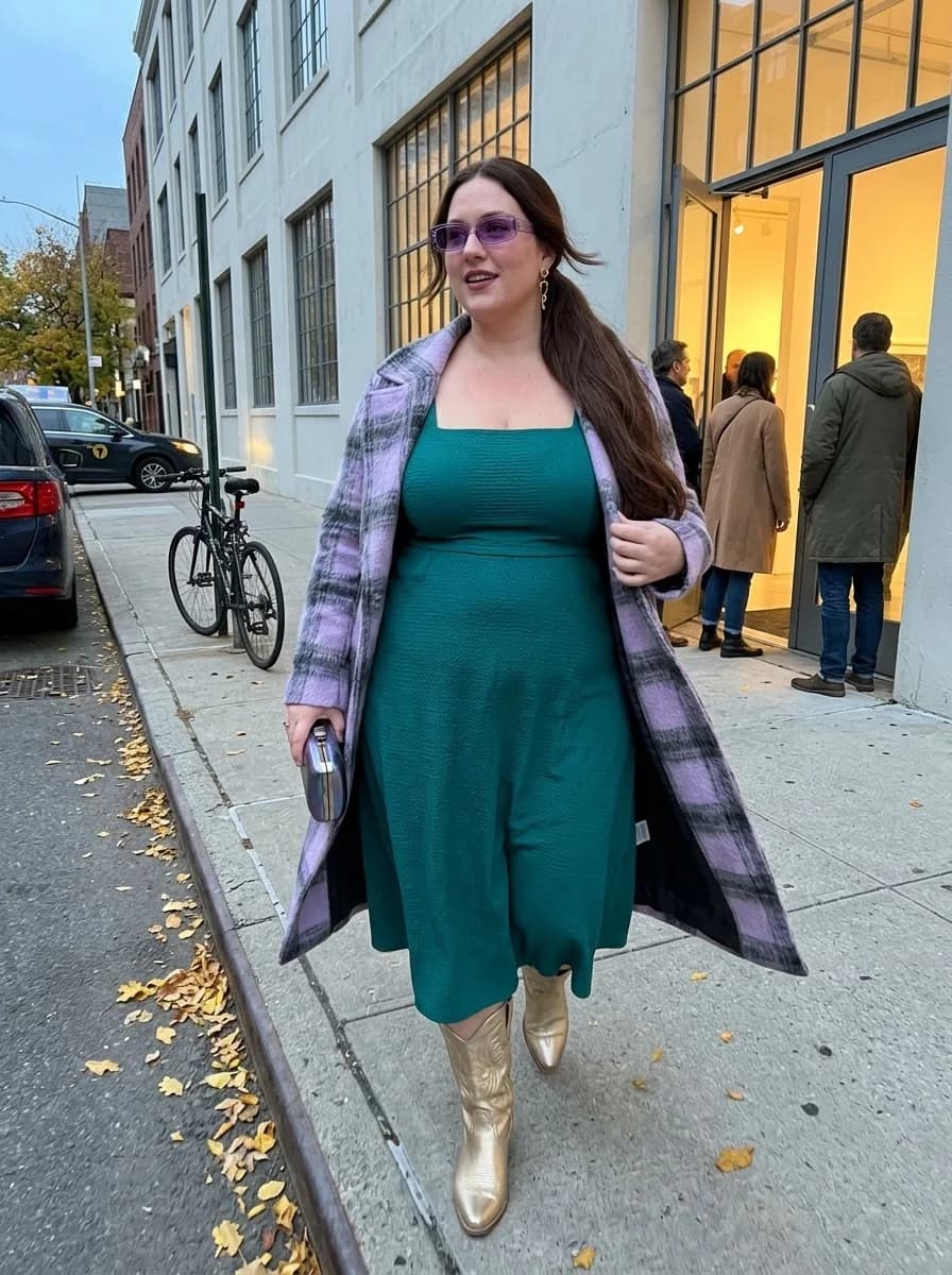 Teal Midi Dress with a Lavender Plaid Coat