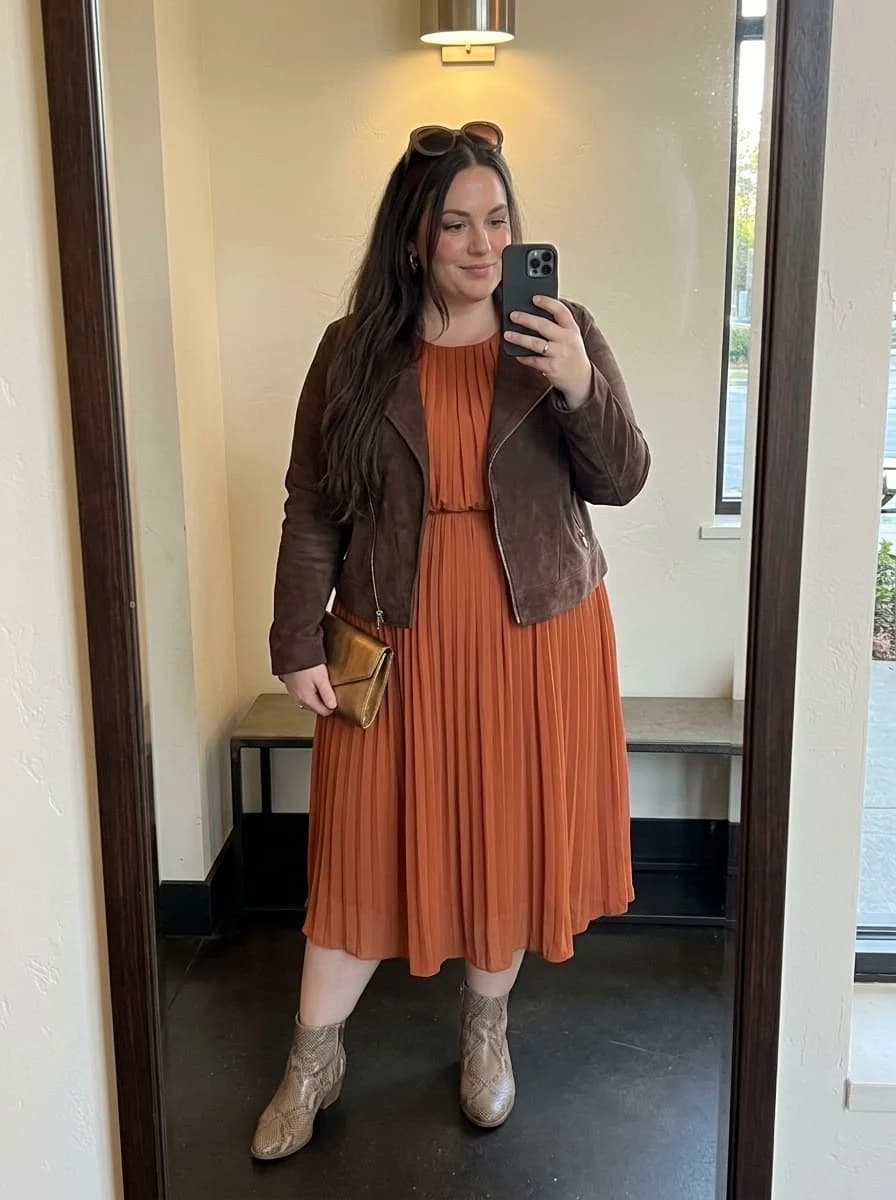 Rust Pleated Midi Dress with a Brown Suede Moto Jacket