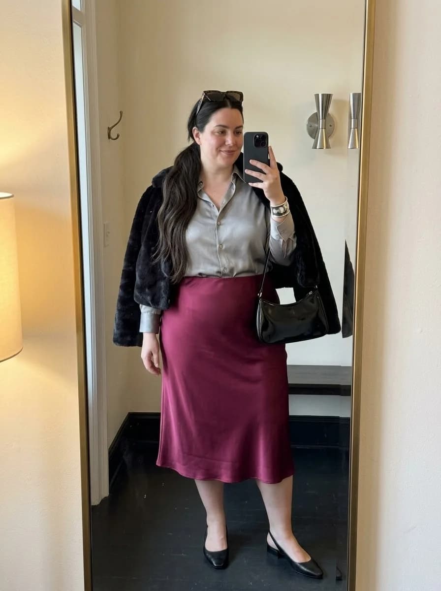 Silver Satin Shirt with a Burgundy Satin Midi Skirt