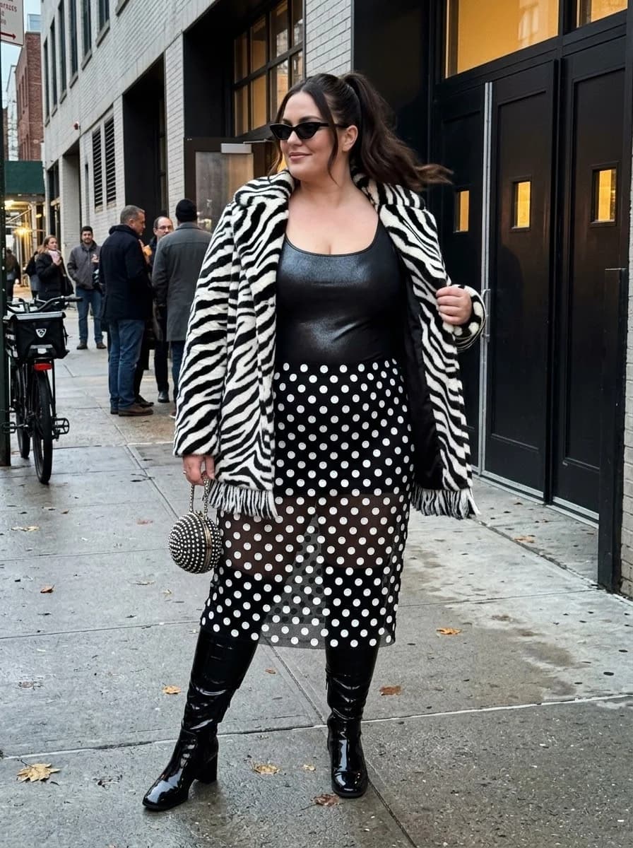Zebra Coat with a Black Bodysuit and Sheer Polka-Dot Skirt
